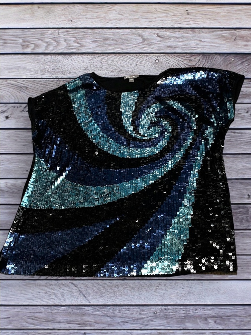 Roz & Ali teal & blue sequin black Women's Top - 2X